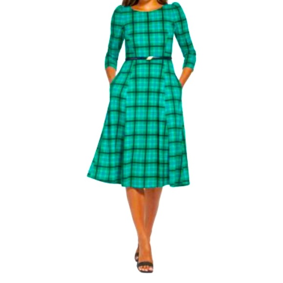 Calvin Klein Dresses & Skirts - EUC ✨ CALVIN KLEIN- Belted Plaid A-line Midi Dress in pine/ green -size 10